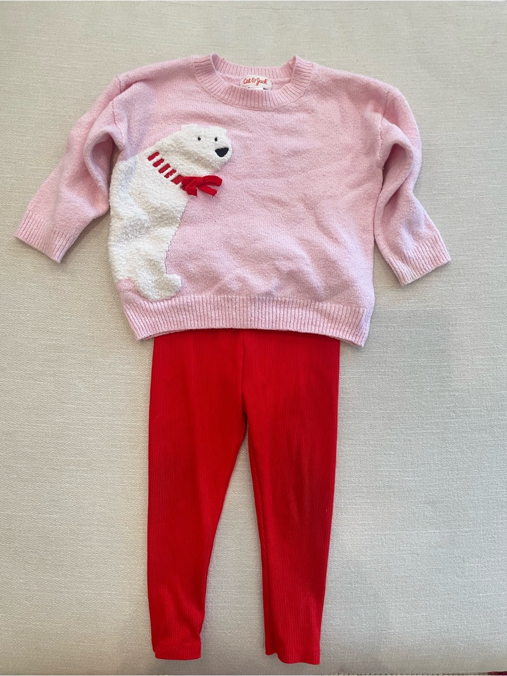 Cat & Jack Pink Polar Bear Sweater with Red Leggings